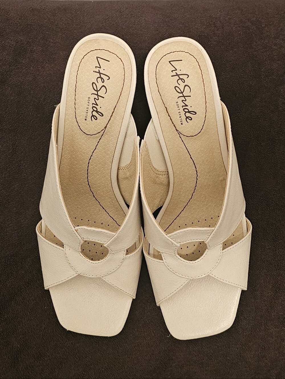 LifeStride Thrill Bone Ivory Slide Sandals Soft System Block Heel Slip-On Sz 8